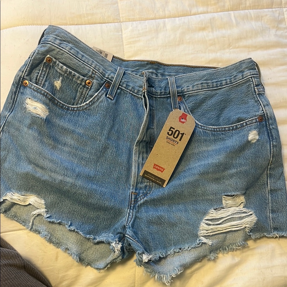 Levi's Blue Jean Shorts with High-Waisted Design and Distressed Details